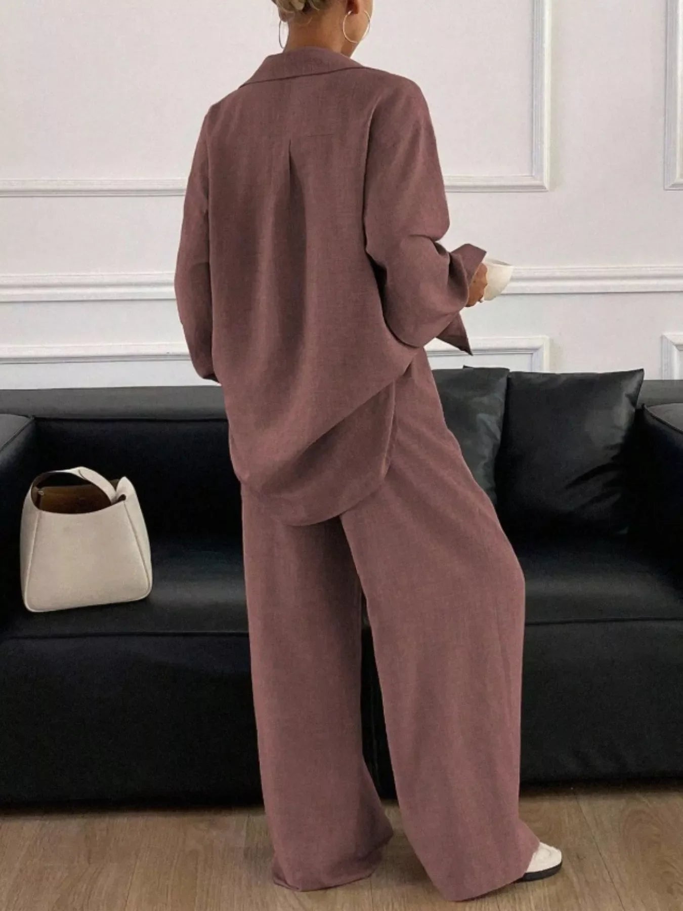 Button Up Long Sleeve Shirt and Wide Leg Pants Set