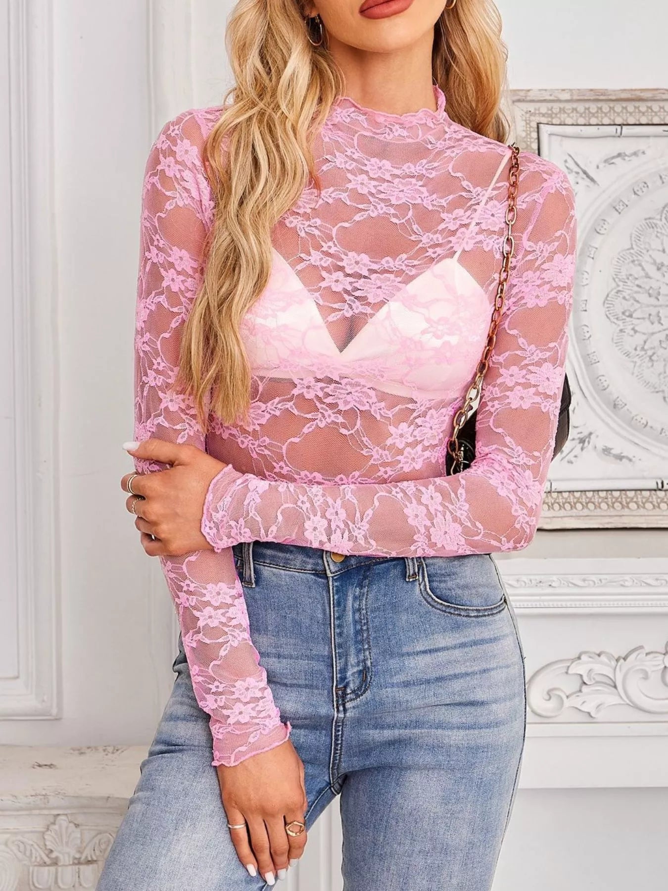 Sheer Floral Lace Long Sleeve Top