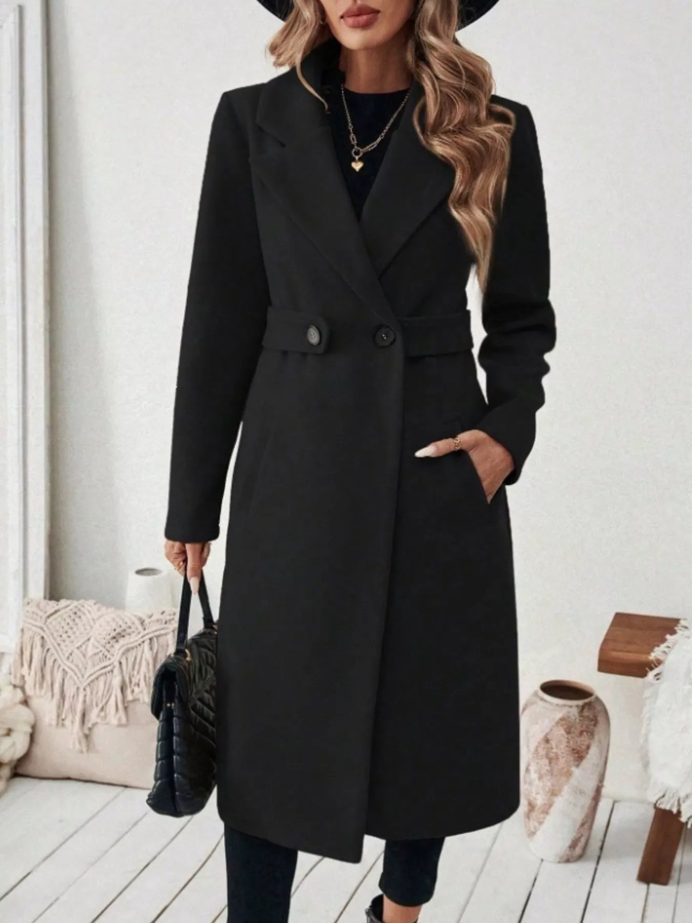 Full Size Elegant Lapel Collar Belted Coat with Pockets Plus Size