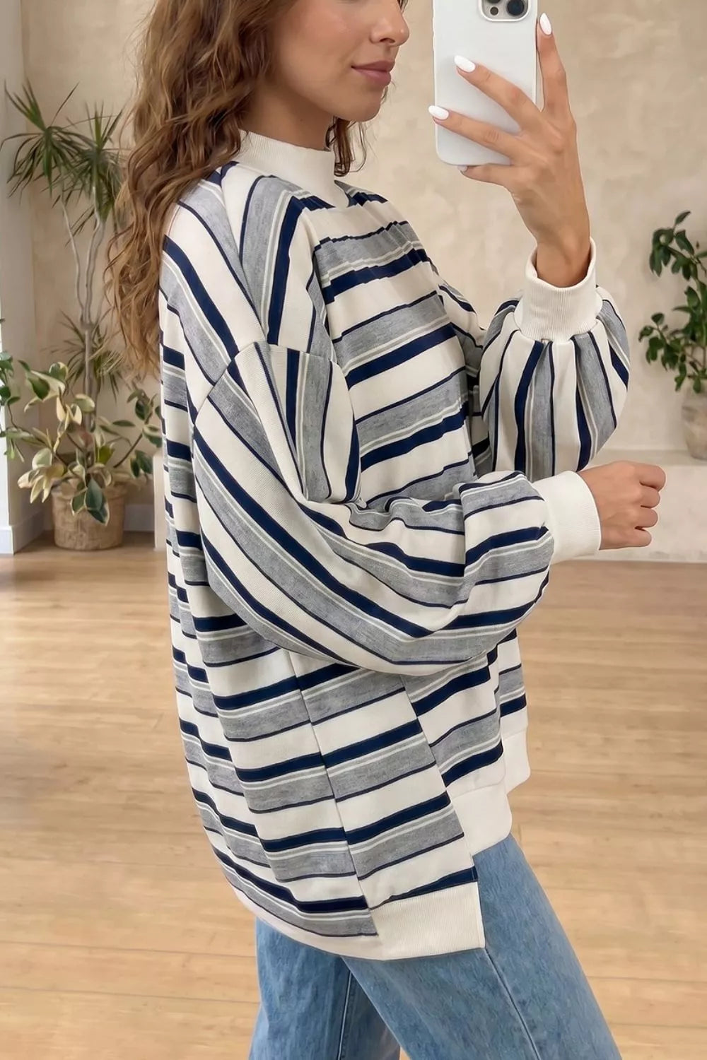 Striped Ribbed Stand Neck Long Sleeve Shift Silhouette Sweatshirt