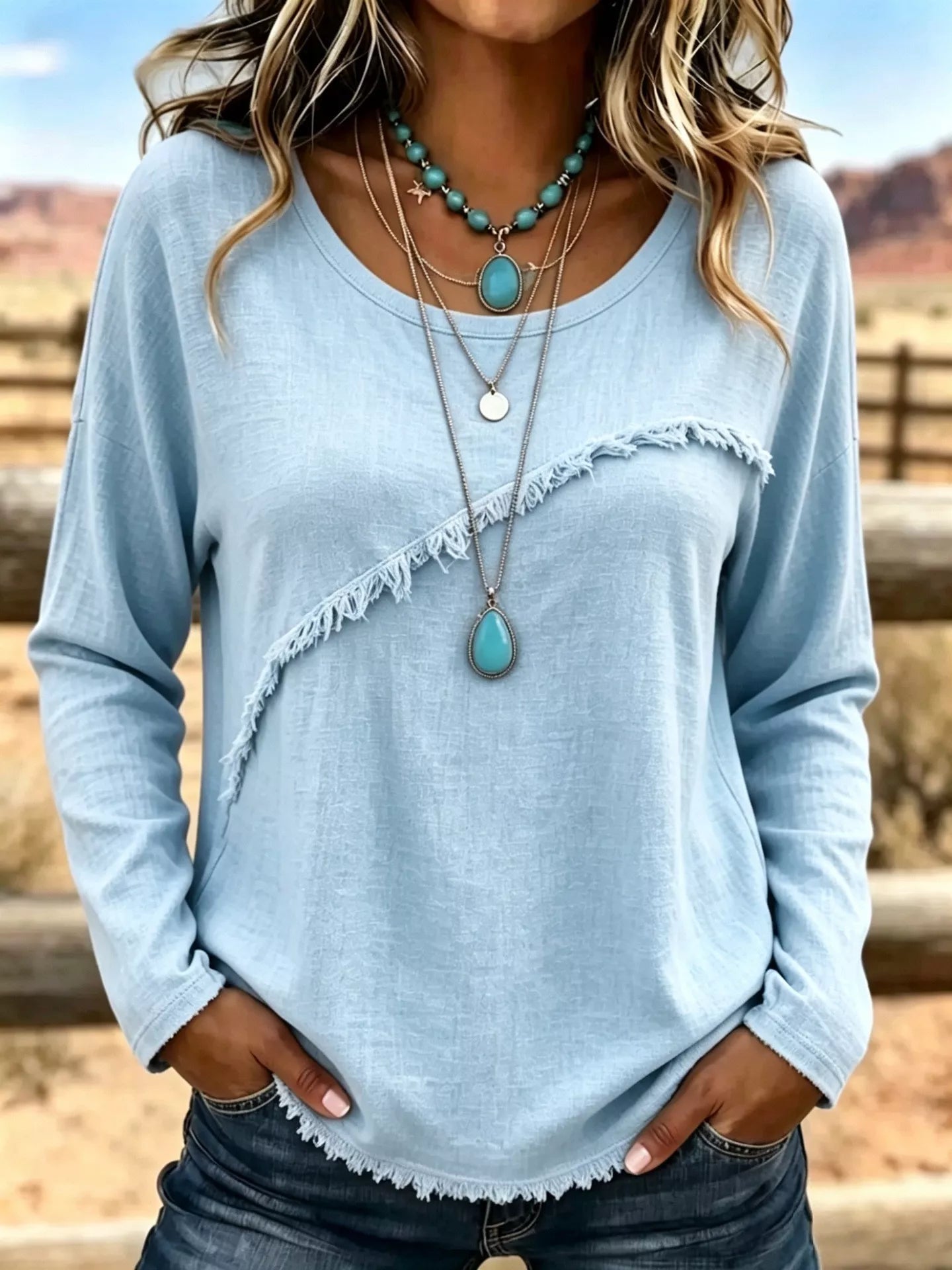 Full Size Fringe Detail Long Sleeve T-Shirt Plus Size