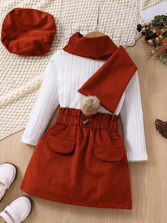 Children's Texture Knit Top and Skirt Set with Scarf & Beret