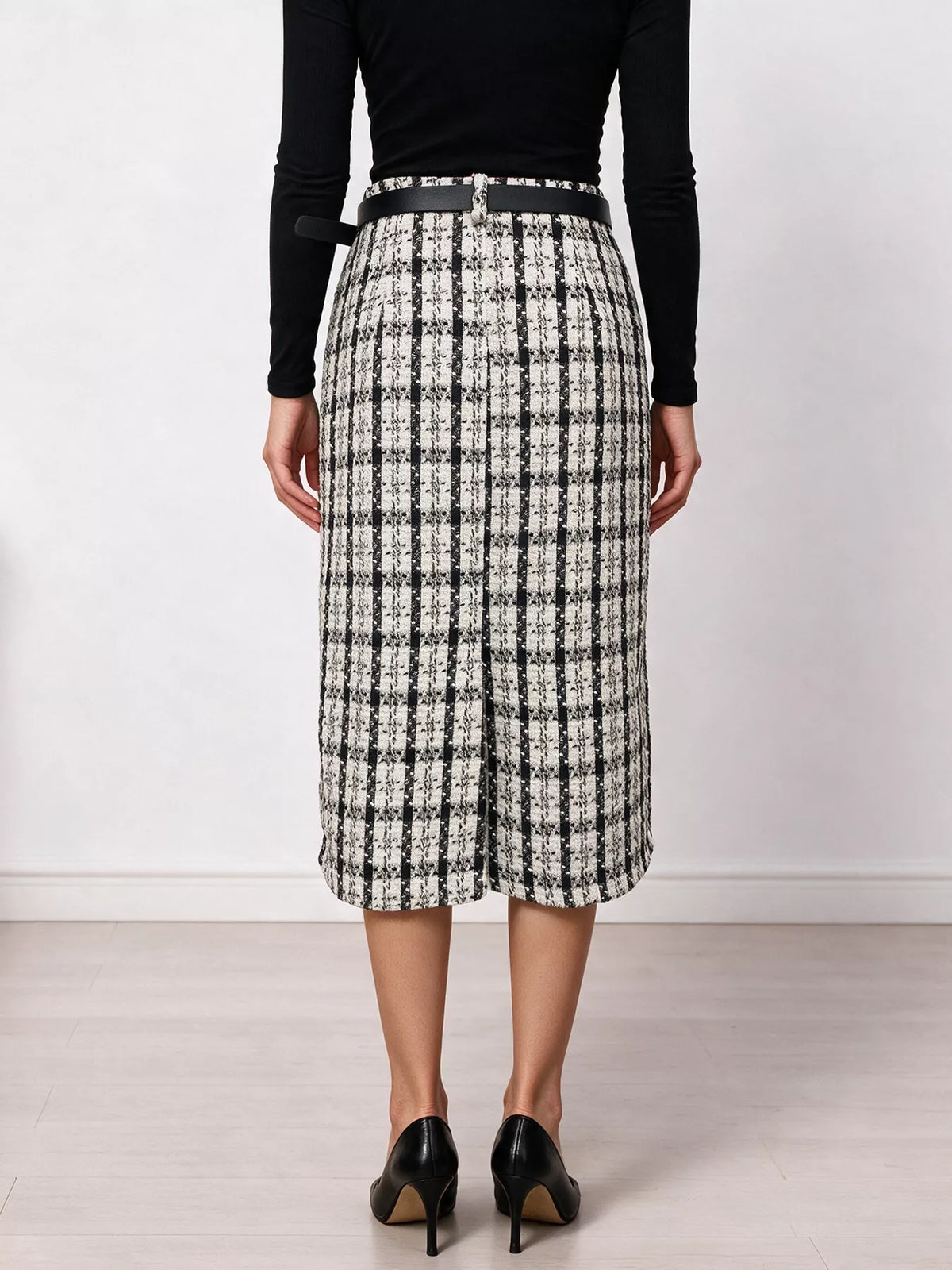 High-Waisted Tweed Plaid Midi Skirt