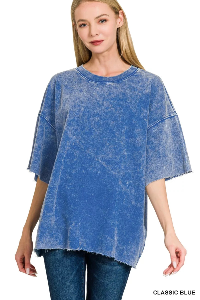 Zenana French Terry Washed Drop Shoulder Short Sleeve Top
