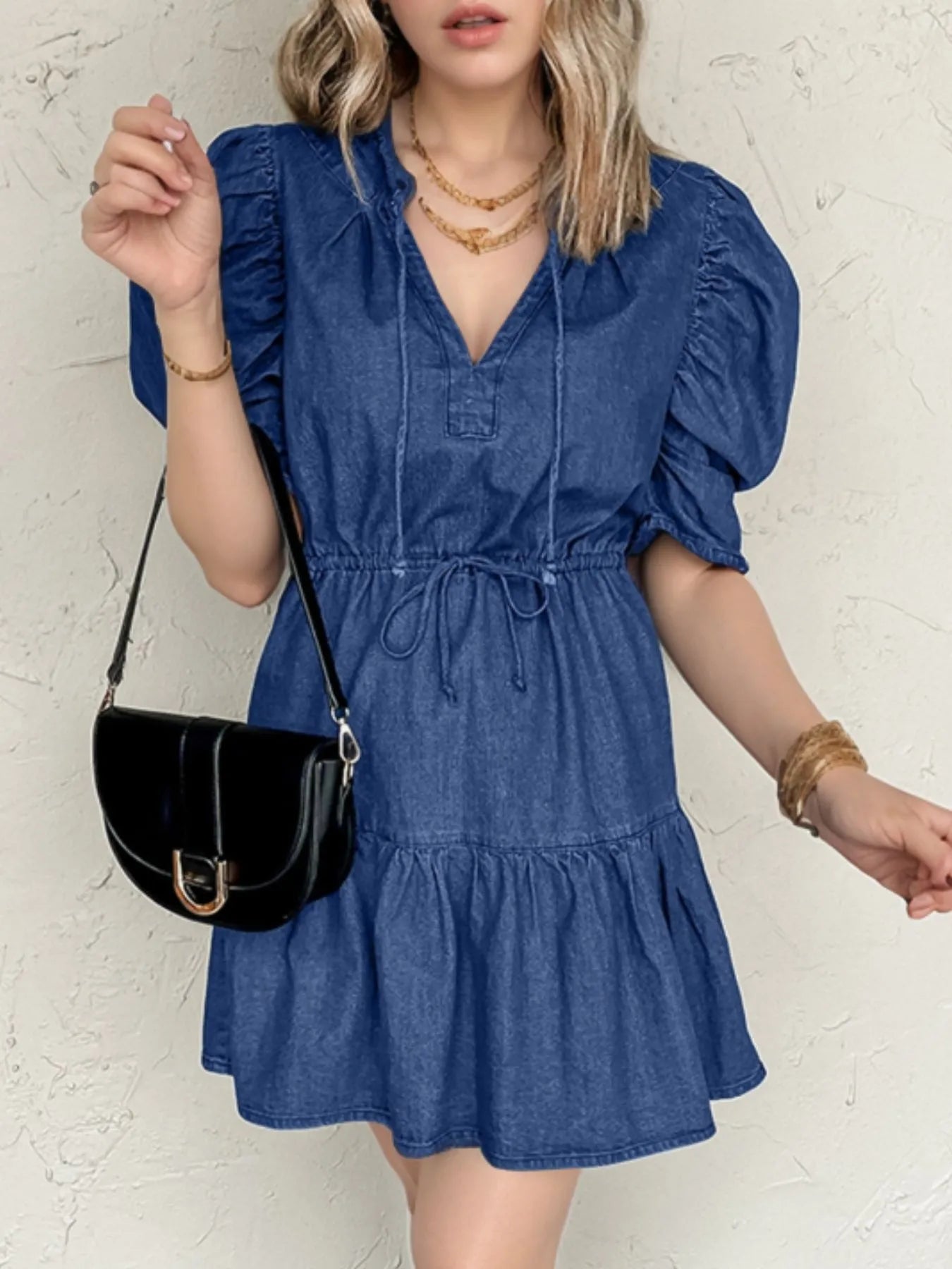 Drawstring High Waist Puff Sleeve Denim Mini Dress