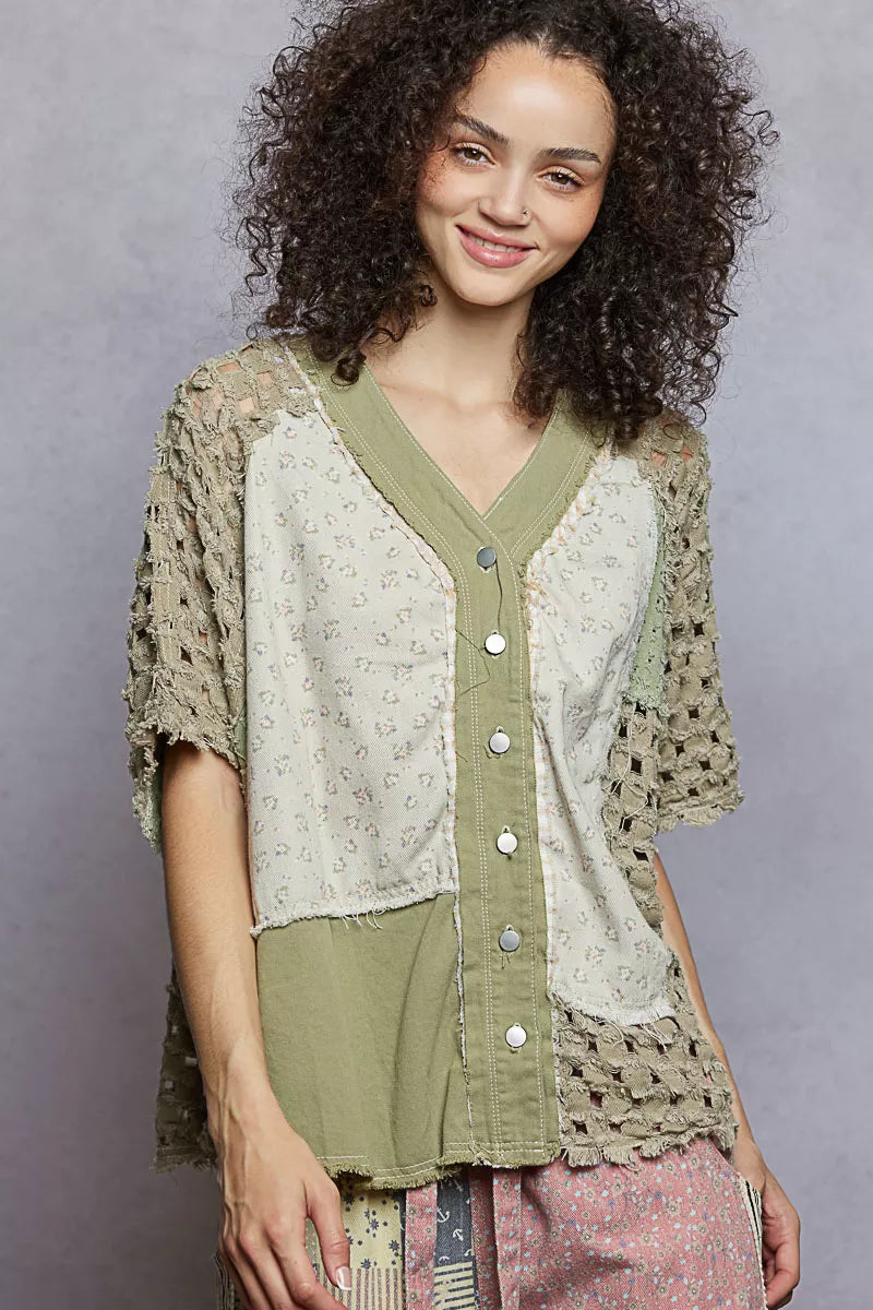 POL Button Down V-Neck Jacket with Printed Woven Patchwork