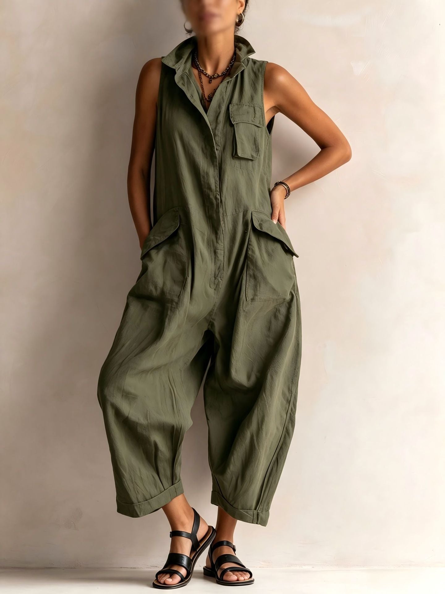 Women's Cotton Sleeveless Cargo Jumpsuit – Wide Leg Multi-Pocket