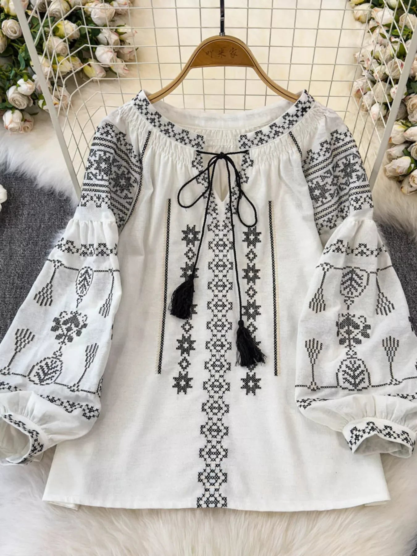 Bohemian Embroidered Blouse with Tassel Tie