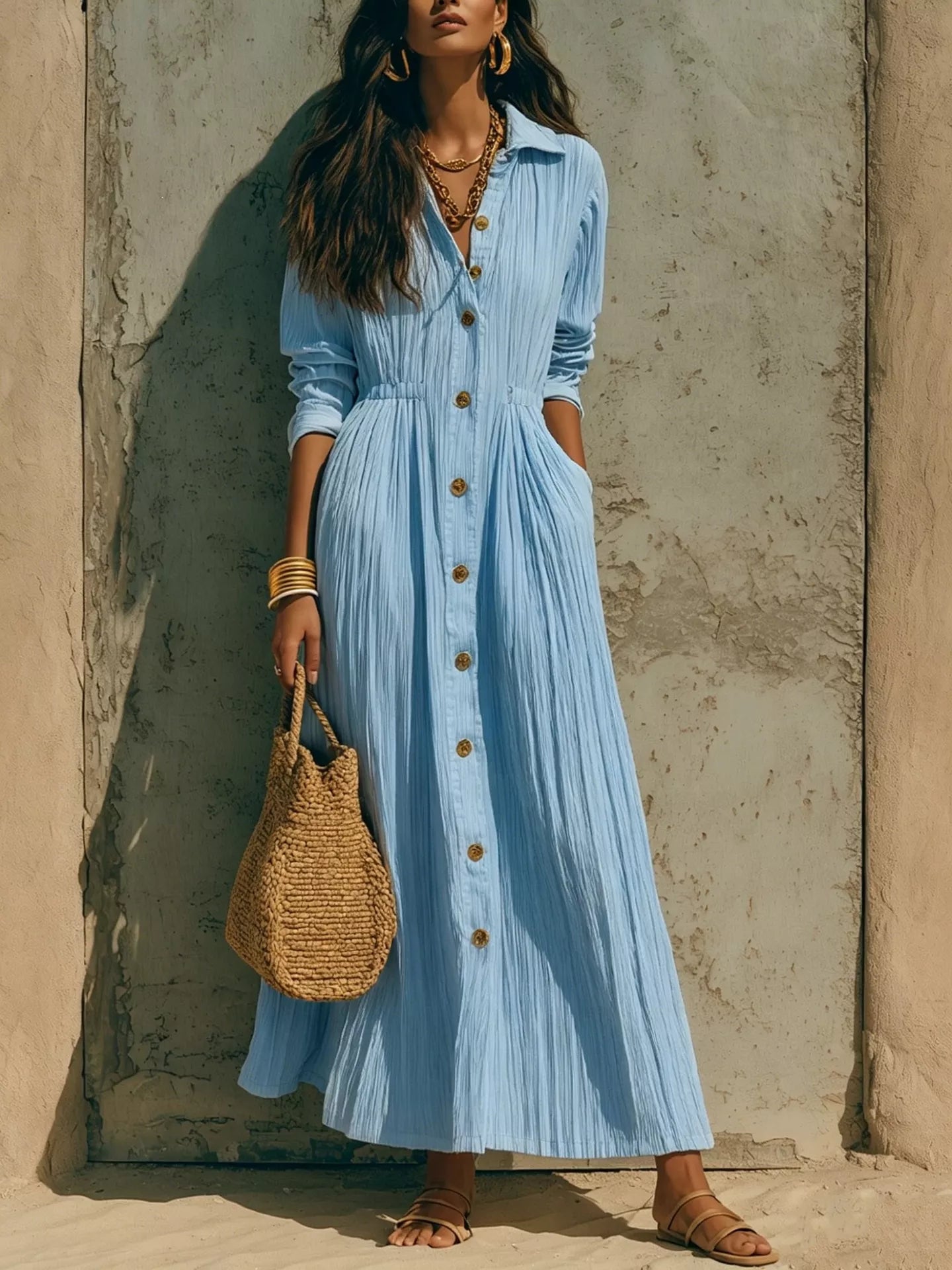 Full Size Textured Button Front Long Sleeve Maxi Dress Plus Size