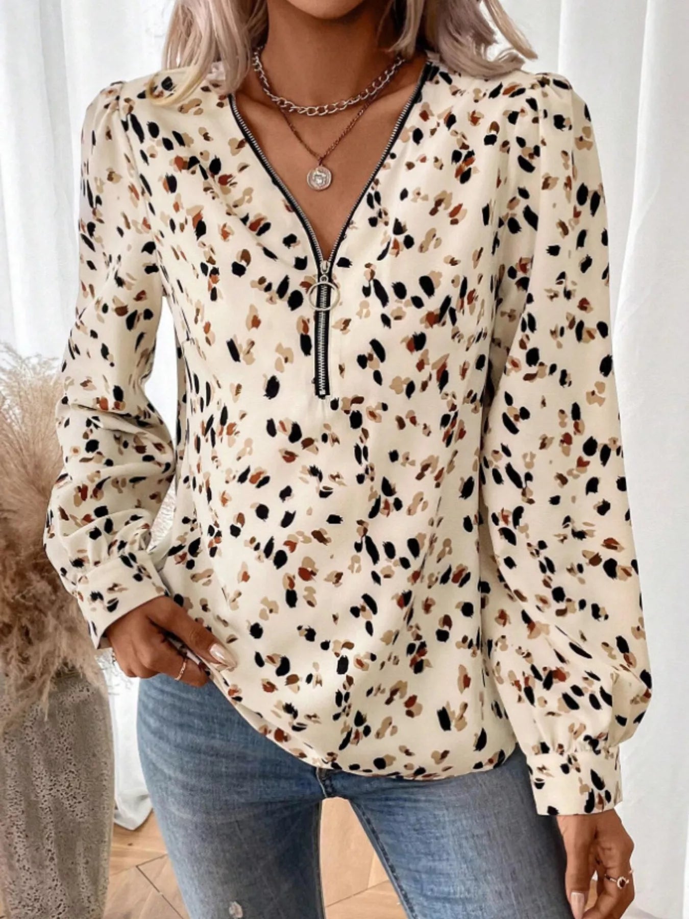 Leopard Print Zipper V-Neck Blouse