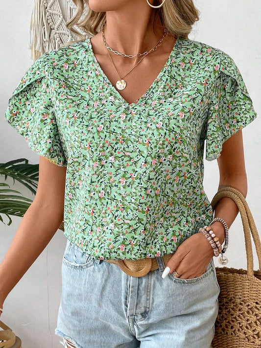 Floral Print V-Neck Short Sleeve Blouse
