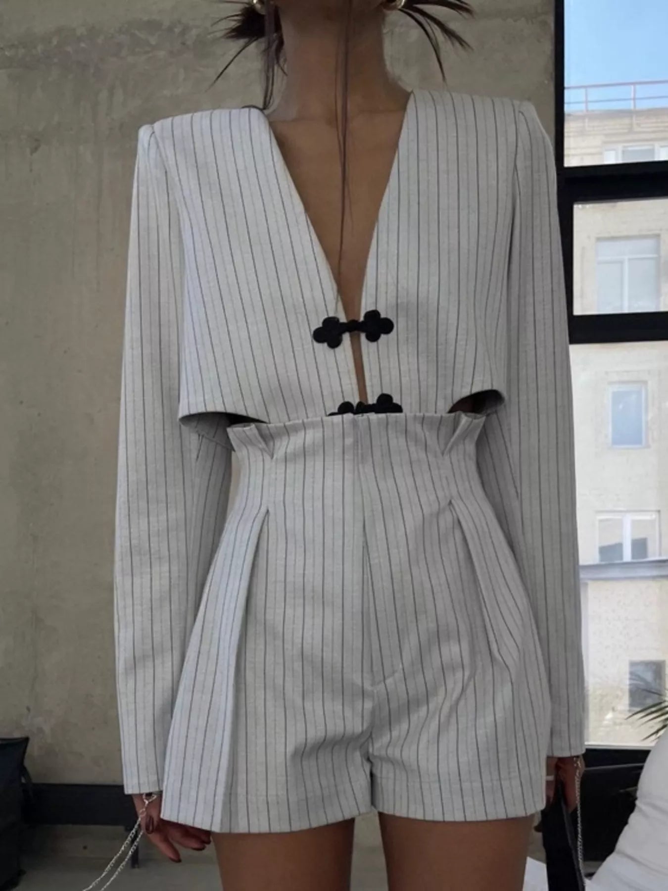 Pinstripe Cropped Blazer and Pleated Shorts Set