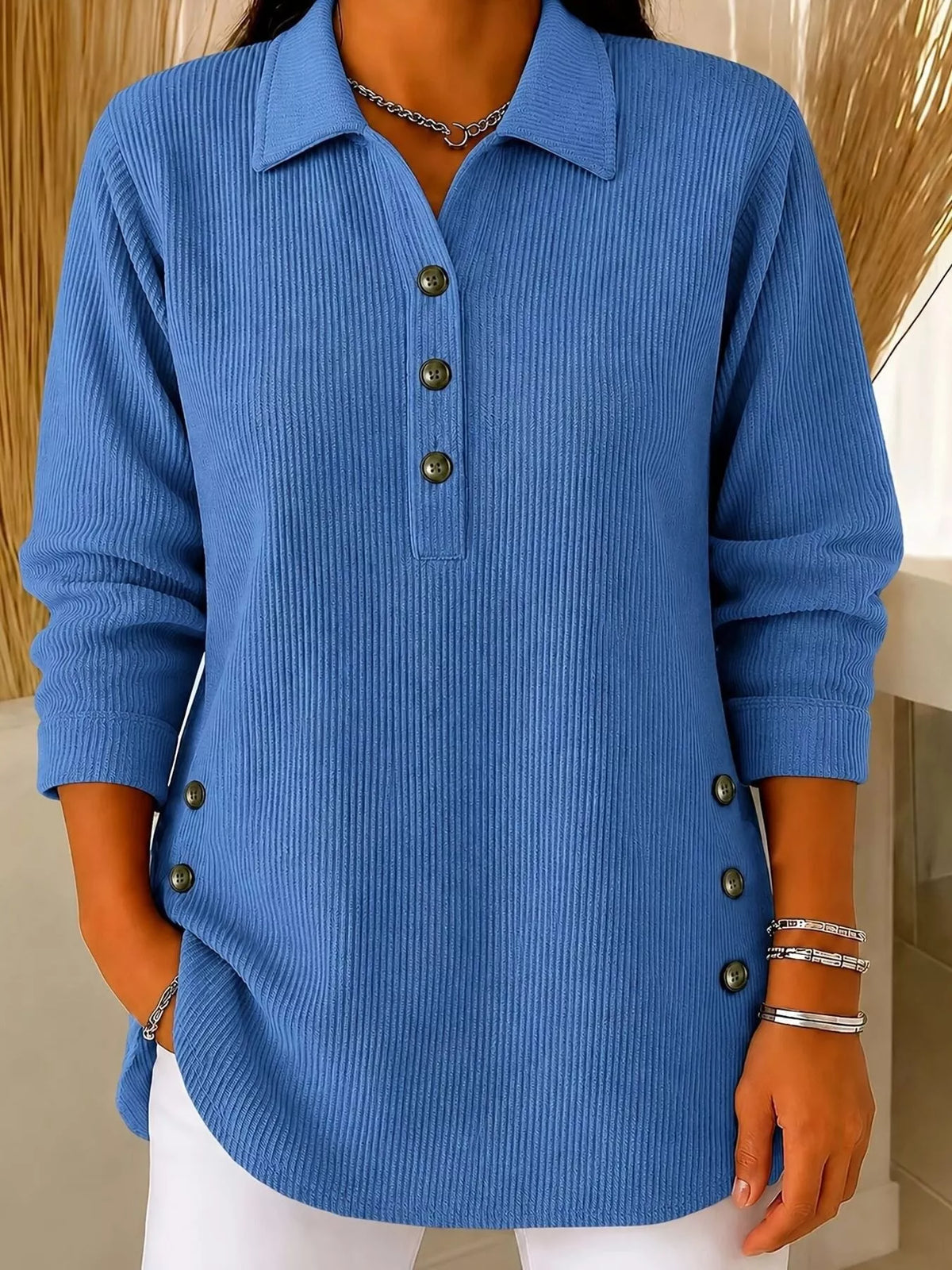 Full Size Button Detail Long Sleeve Top Plus Size