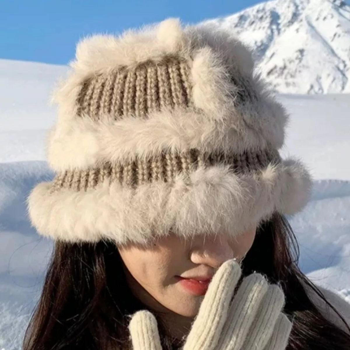 Fluffy Faux Fur Trim Knit Bucket Hat