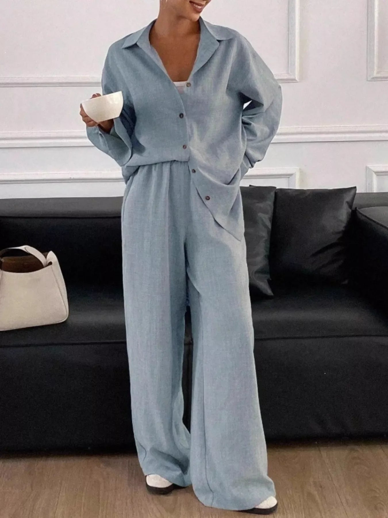 Button-Down Shirt and Wide-Leg Pants Set