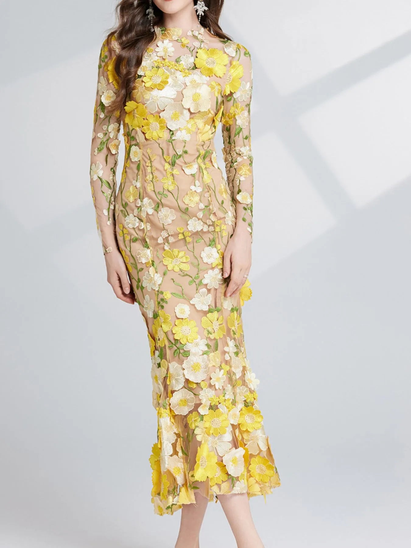 Floral Embroidered Mesh Long Sleeve Midi Dress