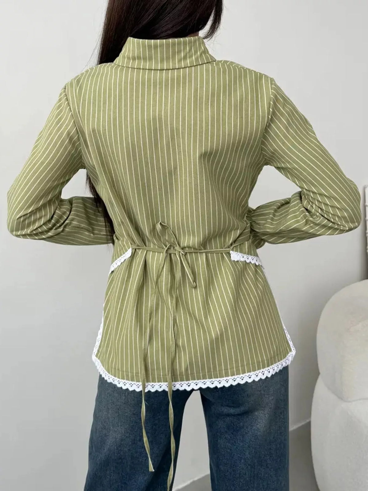 Lace Trim Long Sleeves Striped Shirt