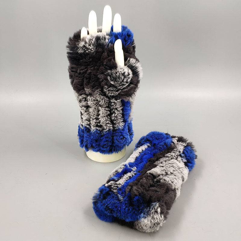 Winter Wristband Mid-Length Gloves - Rex Rabbit Fur Insulation With Striped Half-Finger Design