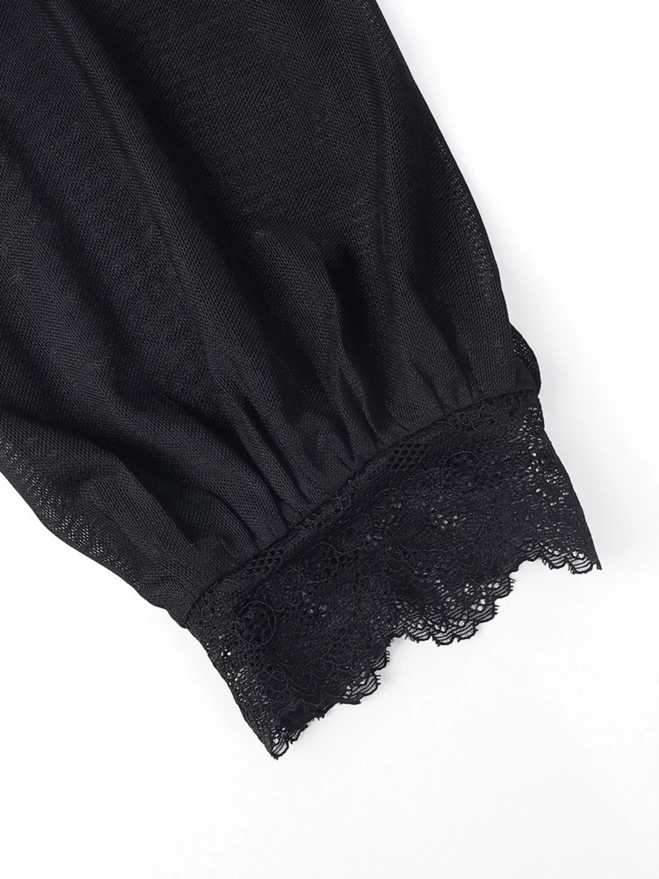 Lace Trim Velvet Sheer Sleeve Blouse