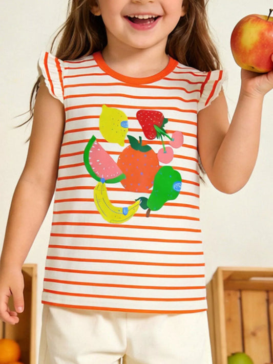 Children's Striped Fruit Print Ruffle Sleeve Tee