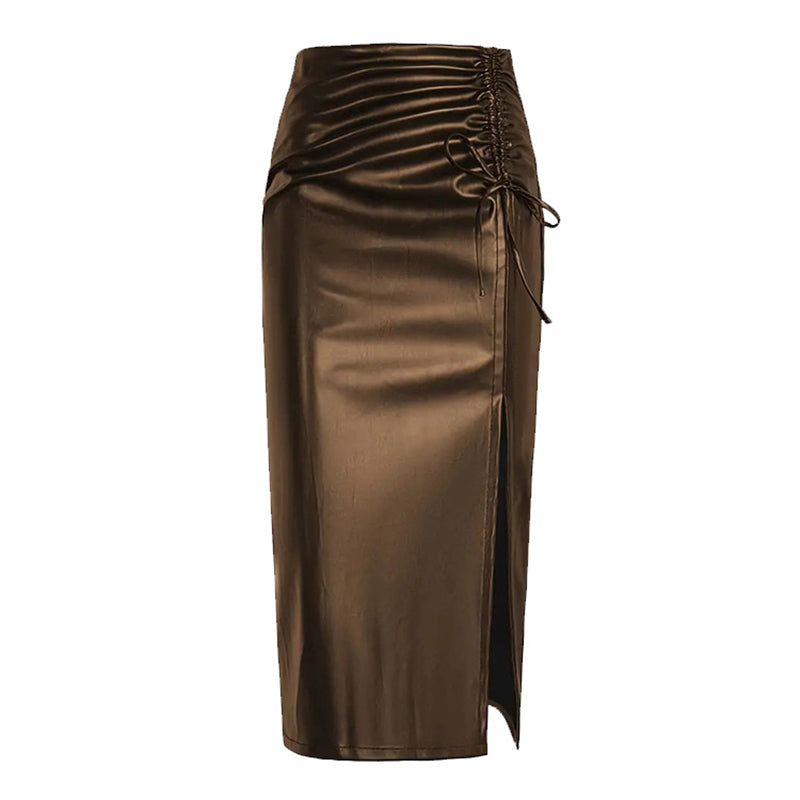 Women's Solid Color PU Leather Pencil Skirt, Drawstring Waist Bodycon Midi Skirt With Slit Hem (See size chart where applicable)