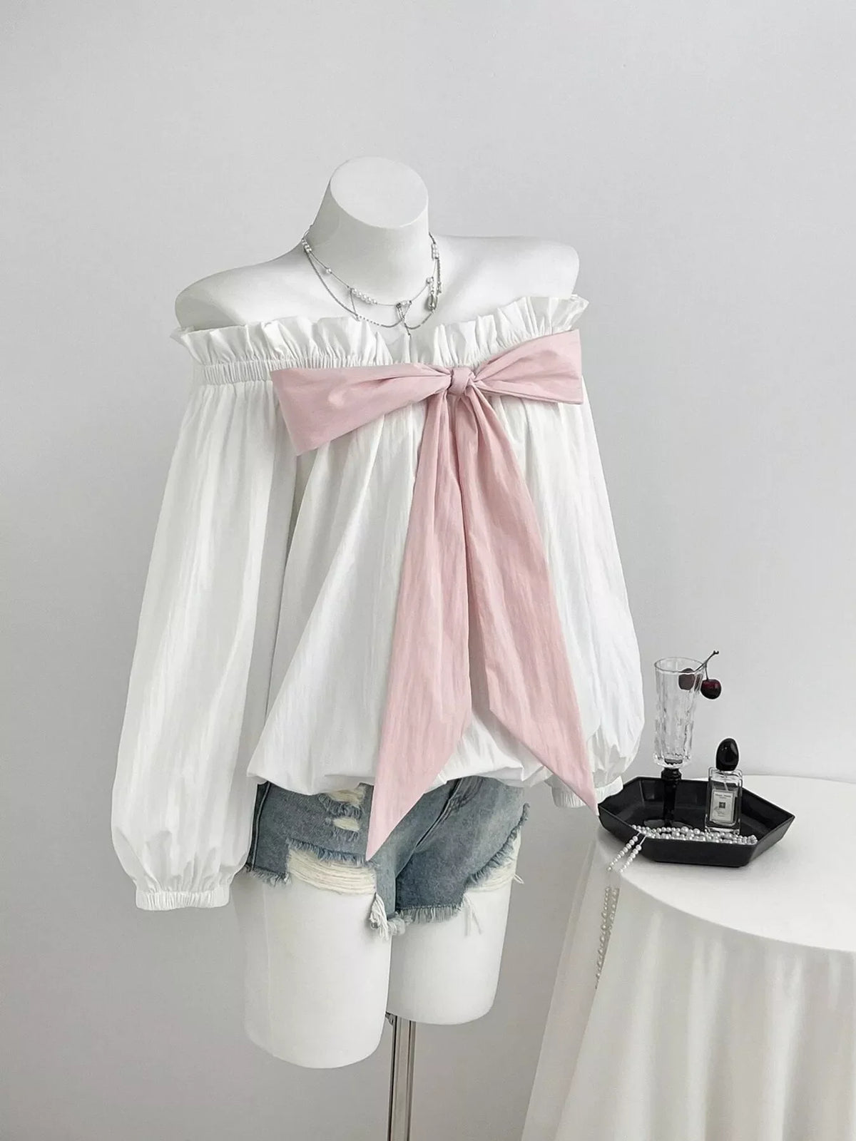 Bow Off-Shoulder Long Sleeve Blouse
