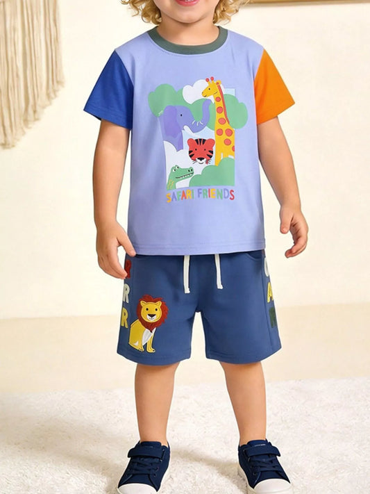 Children's Animal Graphic Color Block Tee and Shorts Set