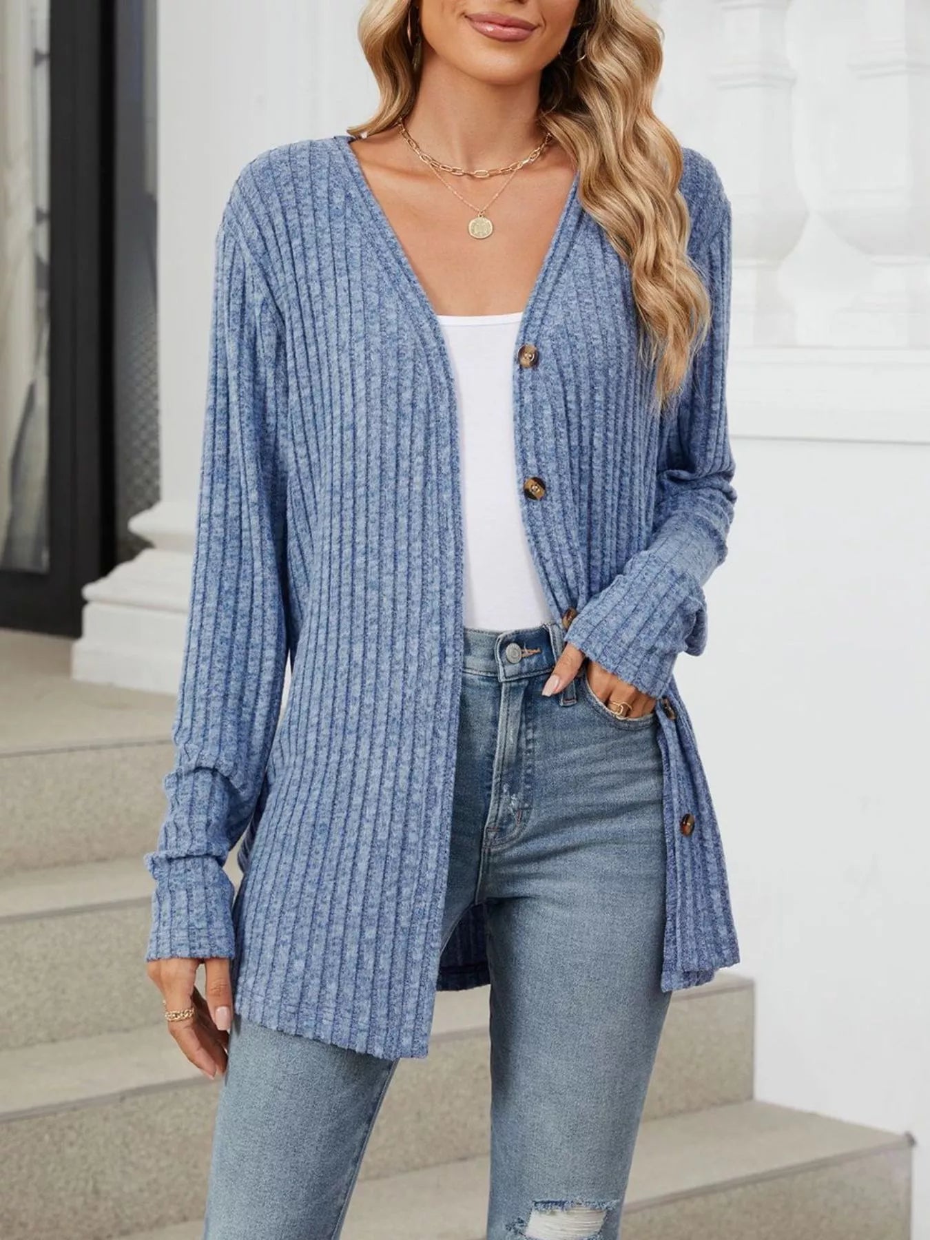Ribbed Button-Up Cardigan