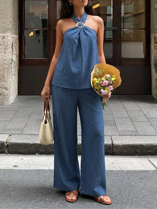 Halter Neck Top and Wide-Leg Pants Set