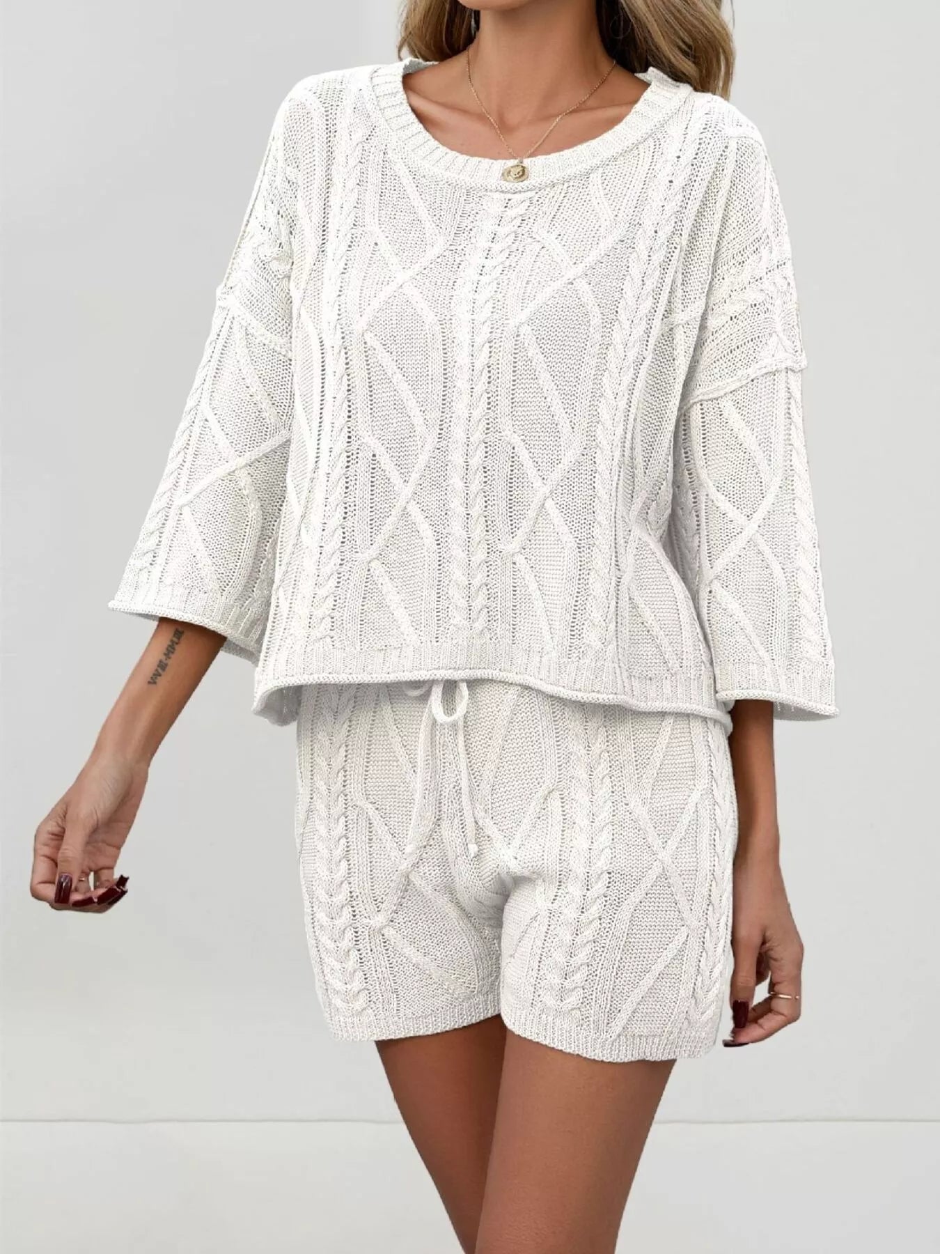 Cable Knit 3/4 Sleeve Sweater and Shorts Set
