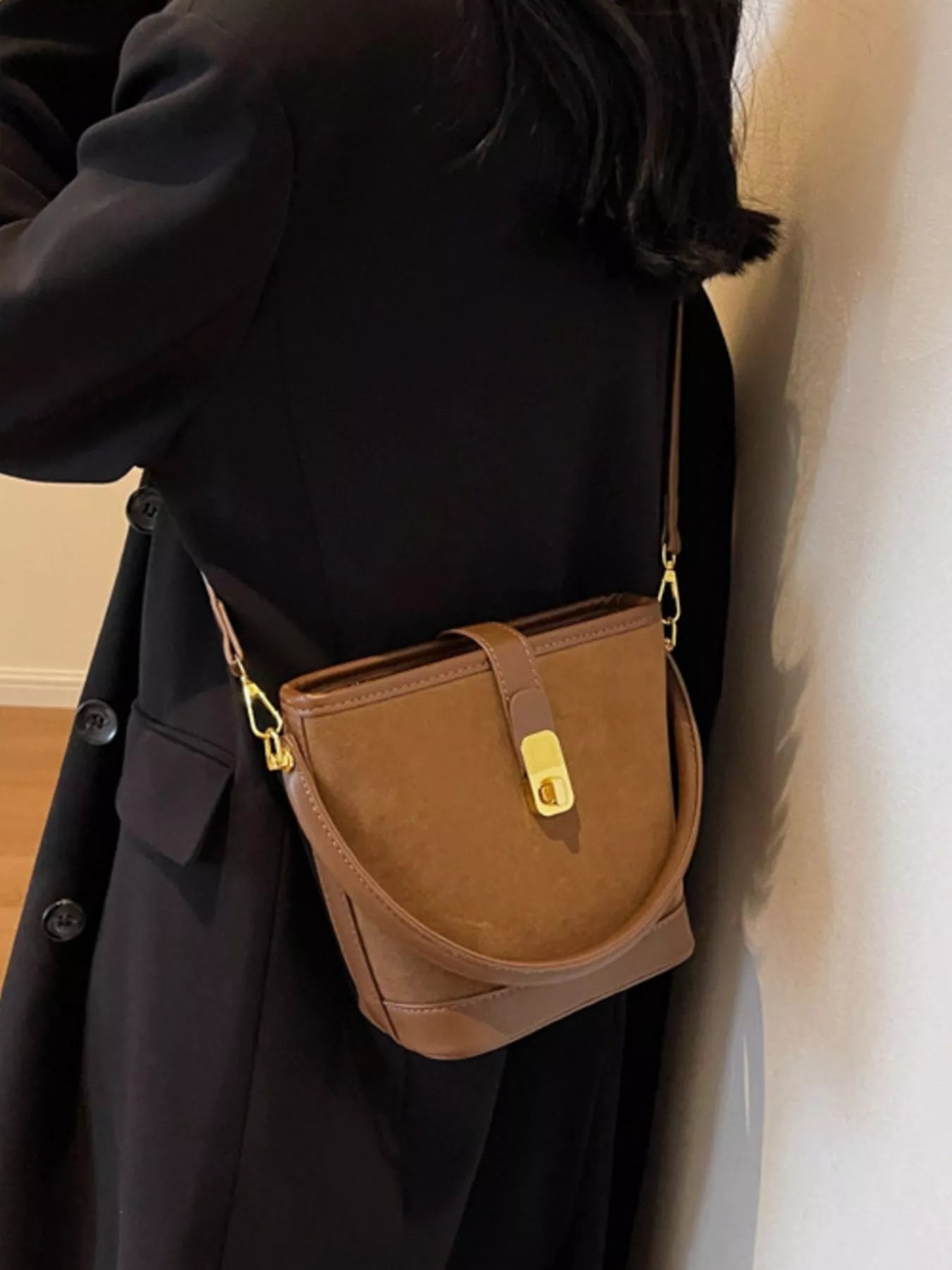 Gold Clasp Bucket Crossbody Bag
