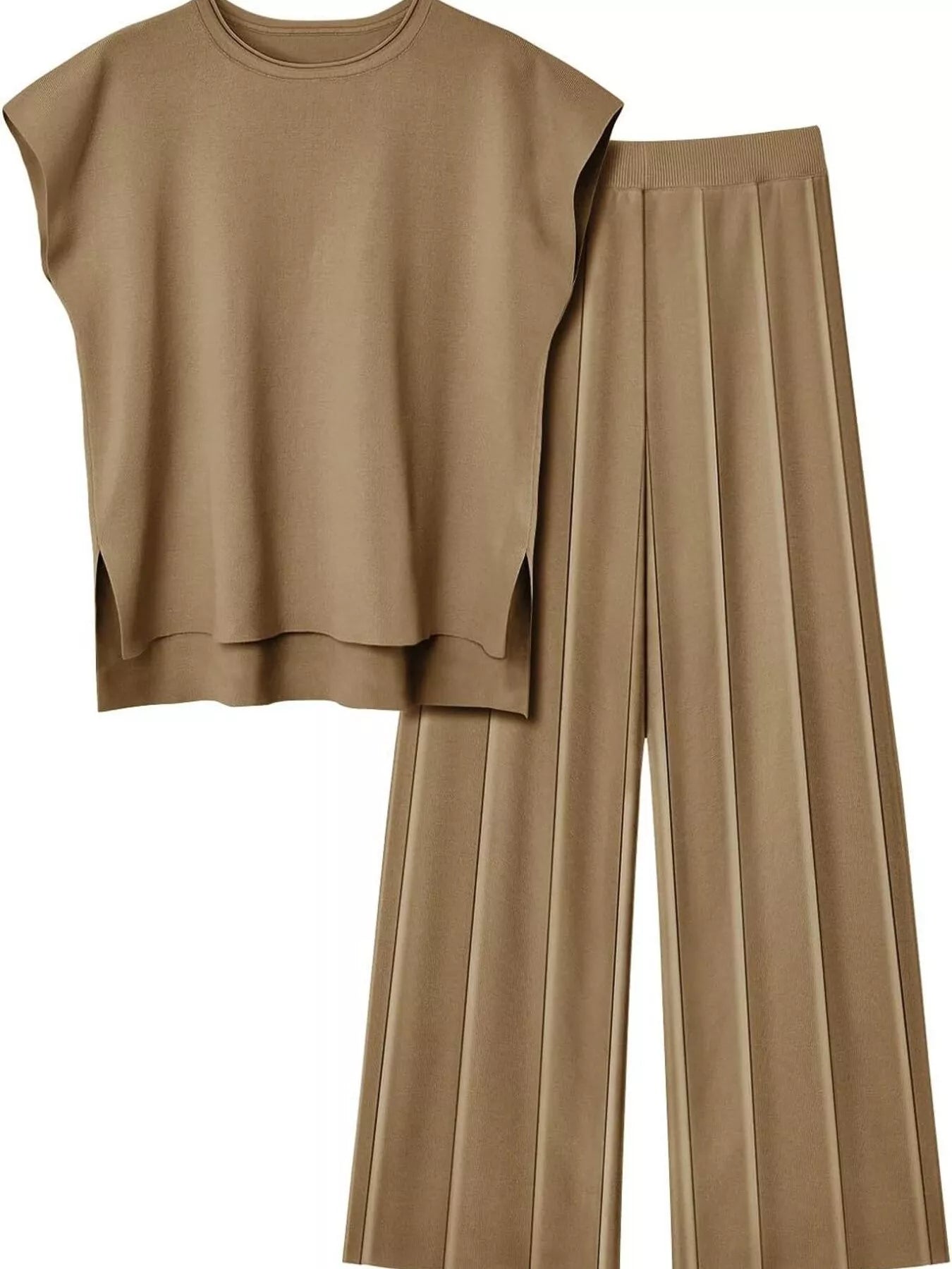 Casual Solid Color Cap Sleeve Top and Pants Knit Set