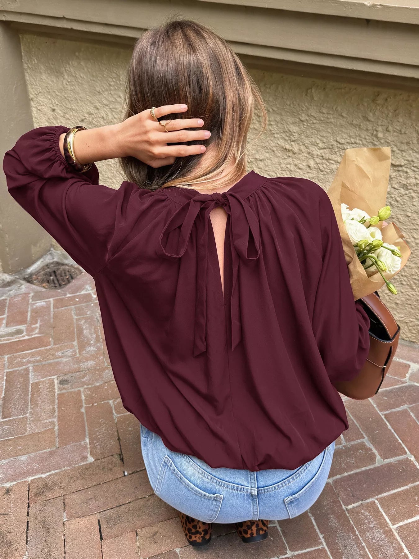 Tie Back Balloon Sleeve Blouse