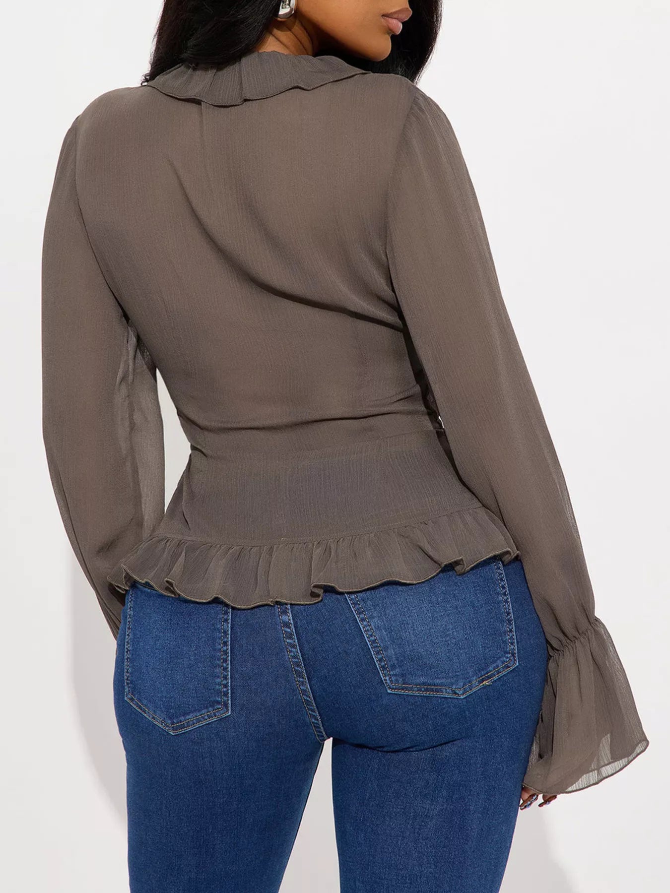 Ruffled V-Neck Long Sleeve Blouse