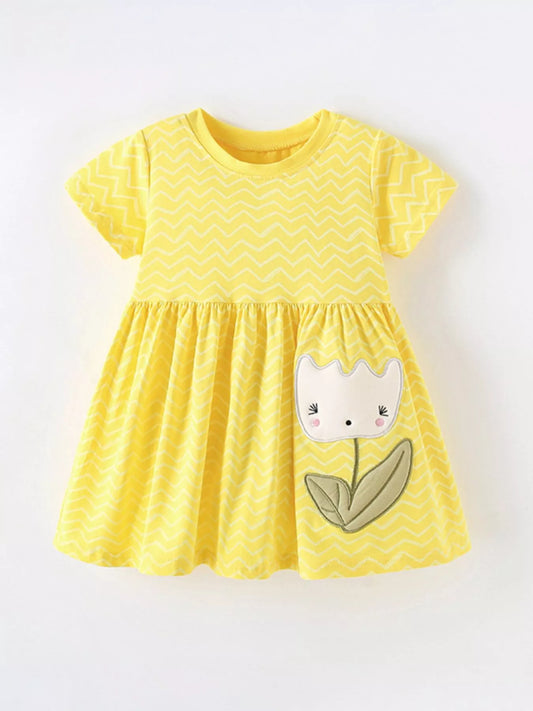 Children's Cute Cartoon Flower Applique Wave Striped Dress