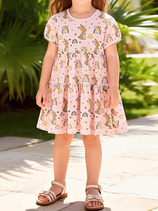 Children's Tiered Bunny Rainbow Print Casual Dress