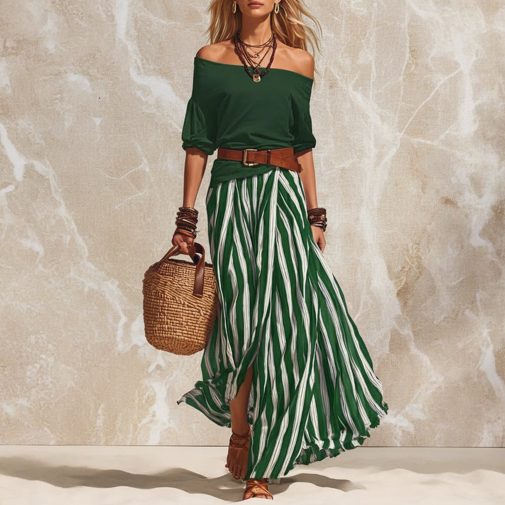 Women's One-Shoulder Bubble Sleeve Top & Stripe Skirt 2-Piece Set