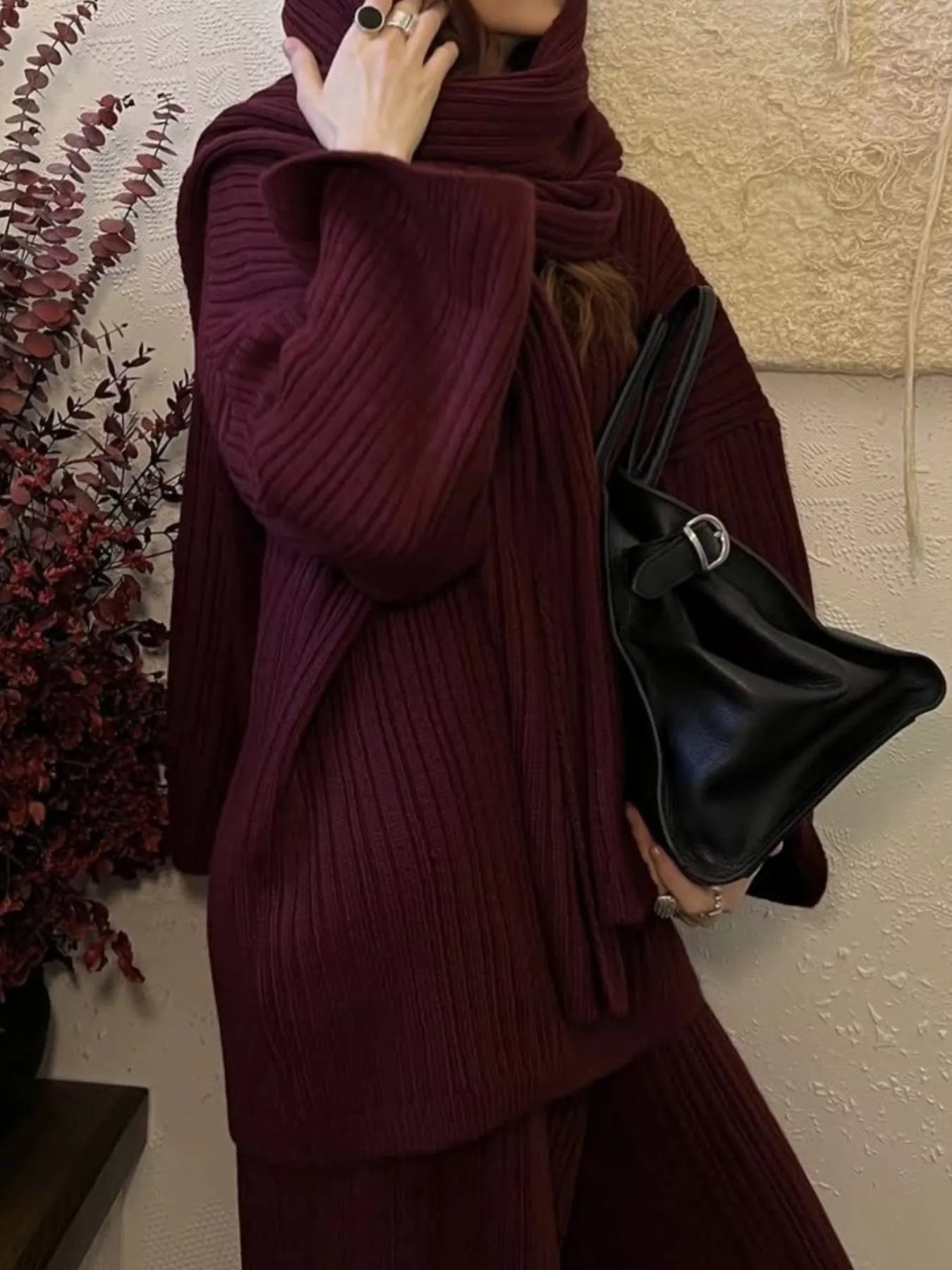 3-Piece Crew Neck Ribbed Sweater and Wide-Leg Pants Set with Scarf