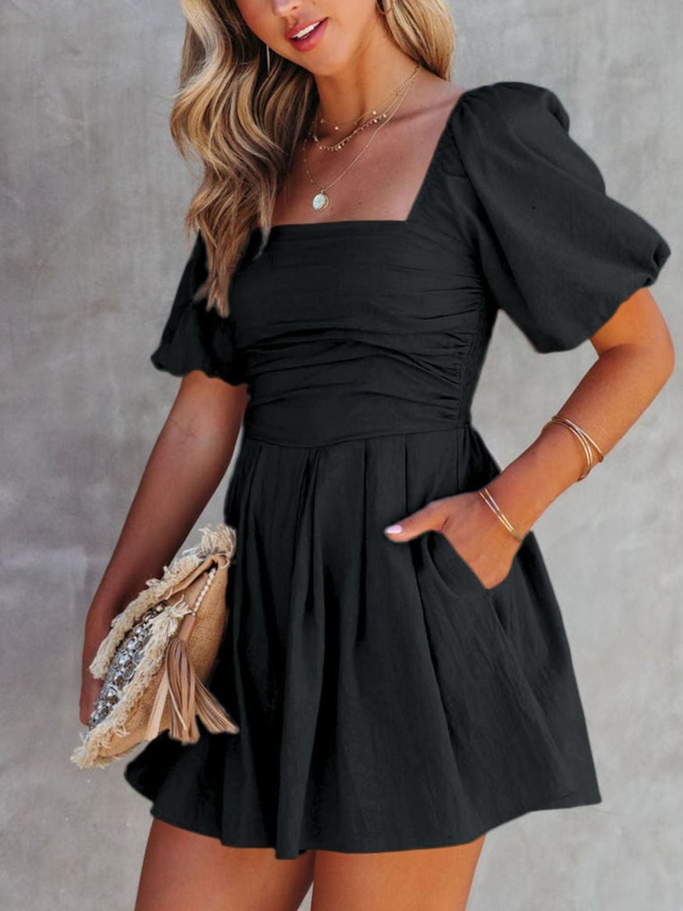 Square Neck Ruched Puff Sleeve Romper