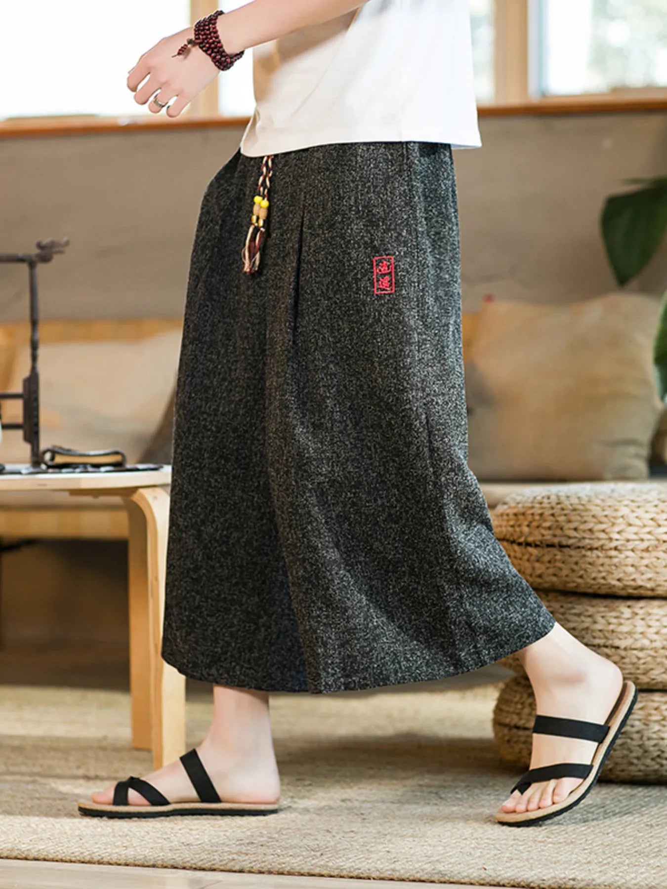 Men's Plus Size Wide Leg Cropped Pants with Drawstring