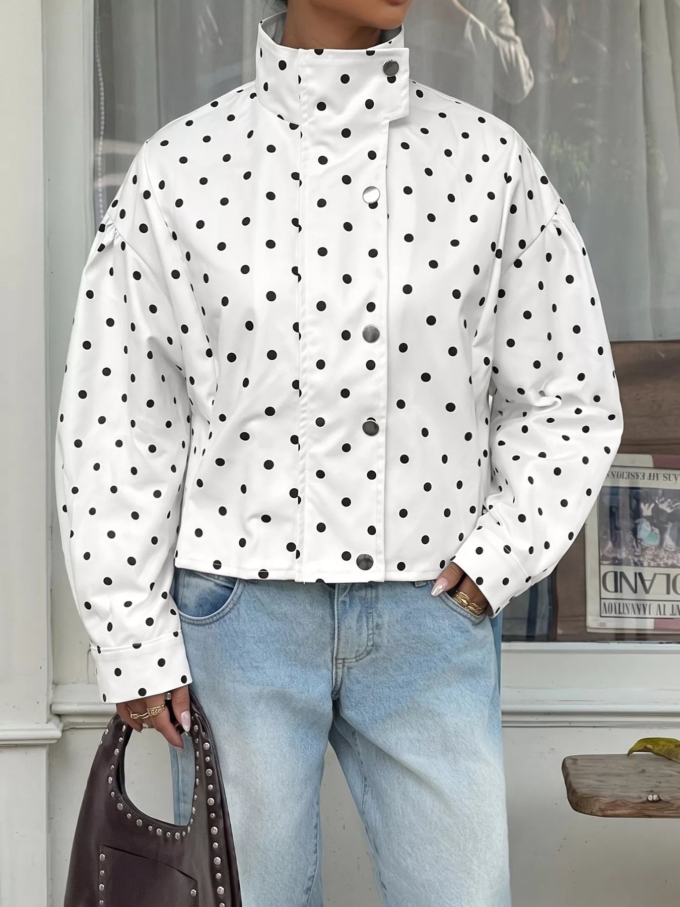 Polka Dot Zip Up Cropped Jacket