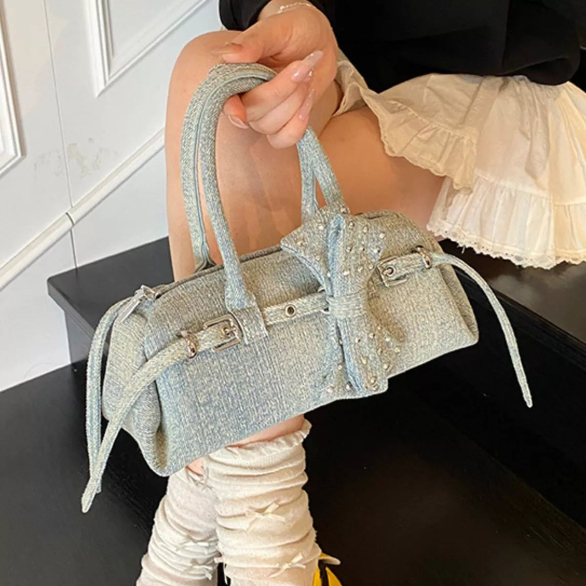 Denim Bow Accent Crossbody Bag
