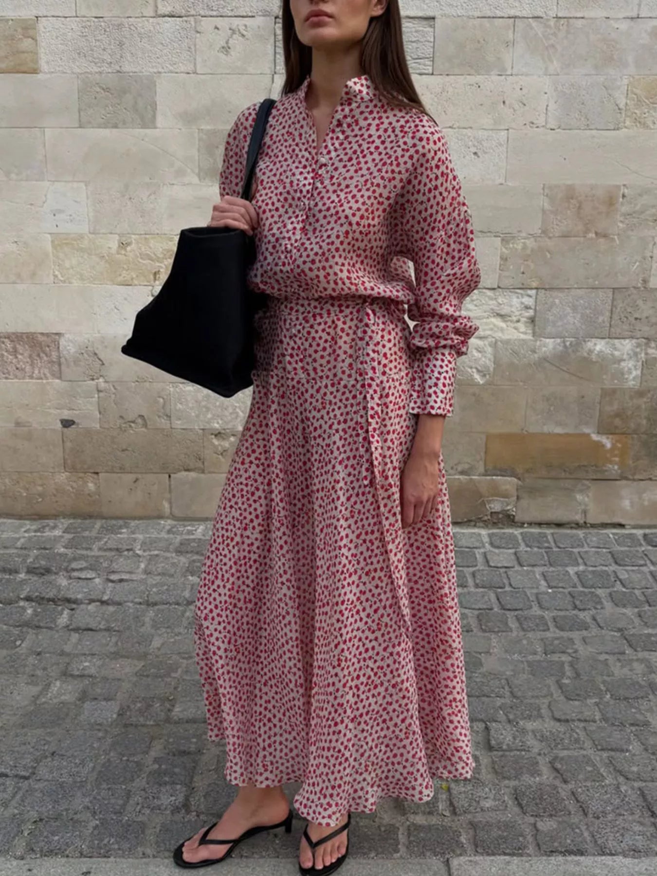 Floral Button Front Long Sleeve Dress