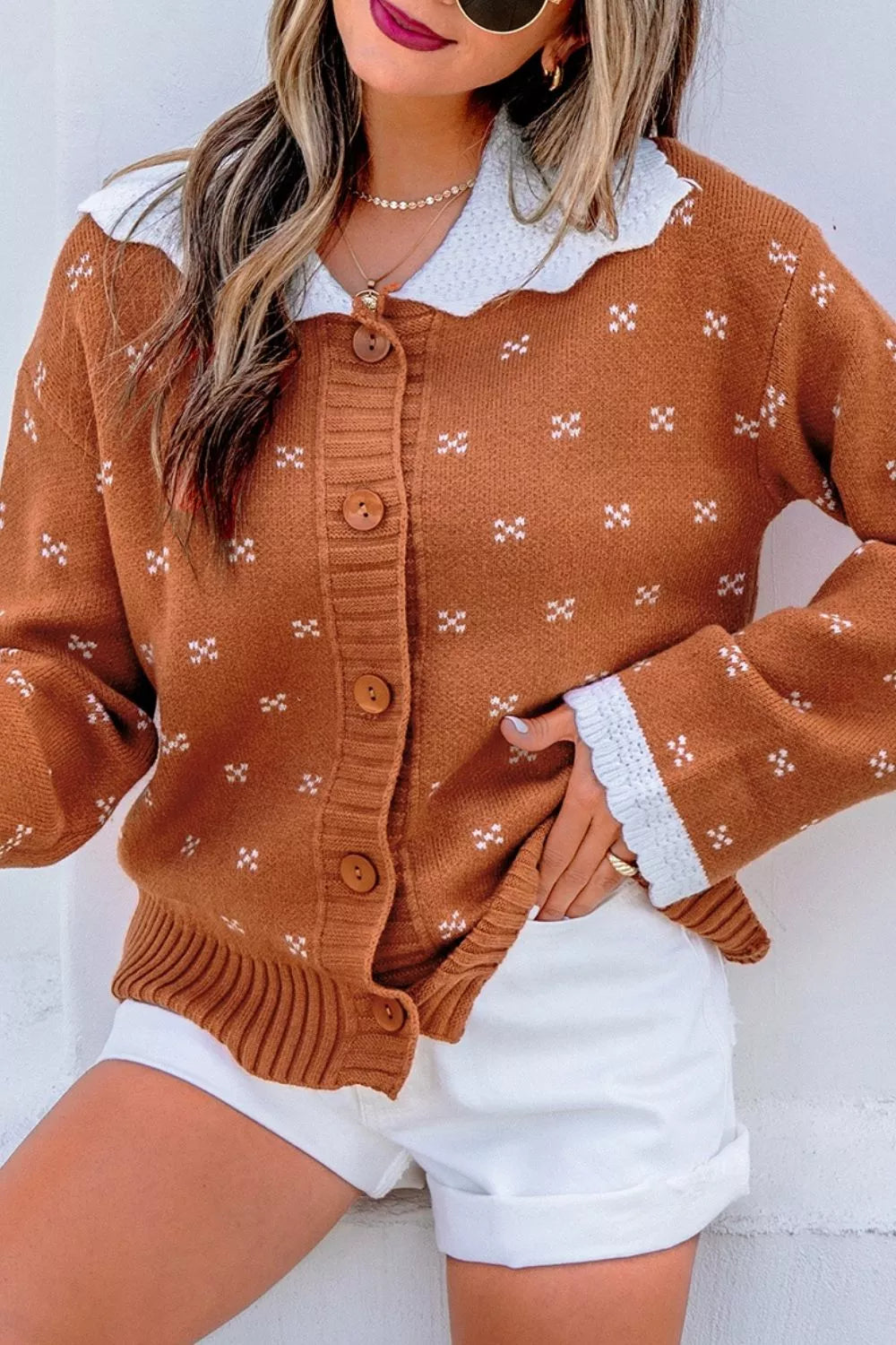 Peter Pan Collar Colorblock Long Sleeve Knitwear Cardigan