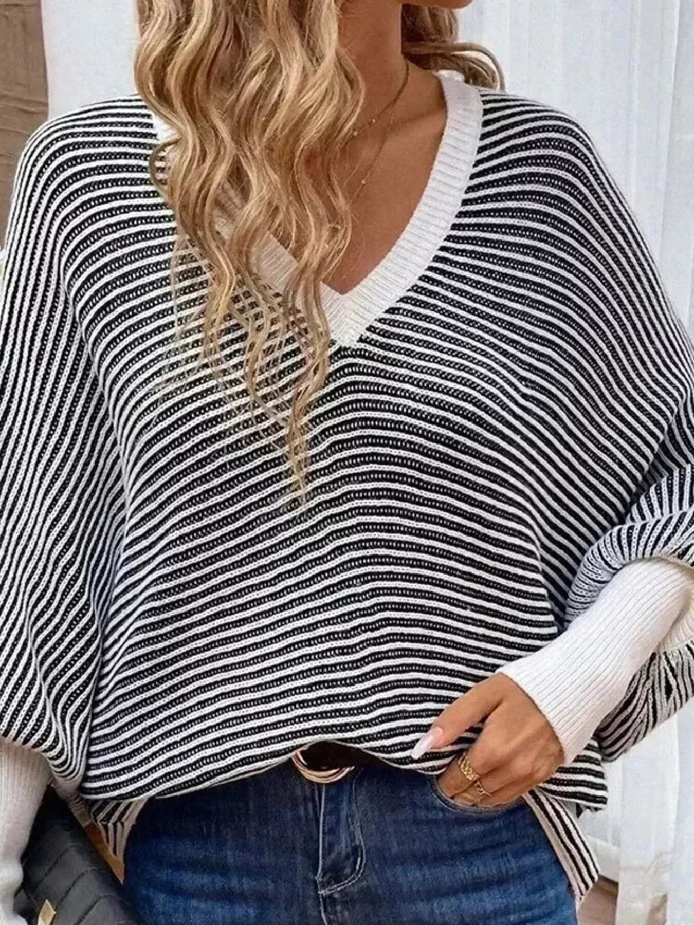 V-Neck Striped Batwing Sleeve Sweater