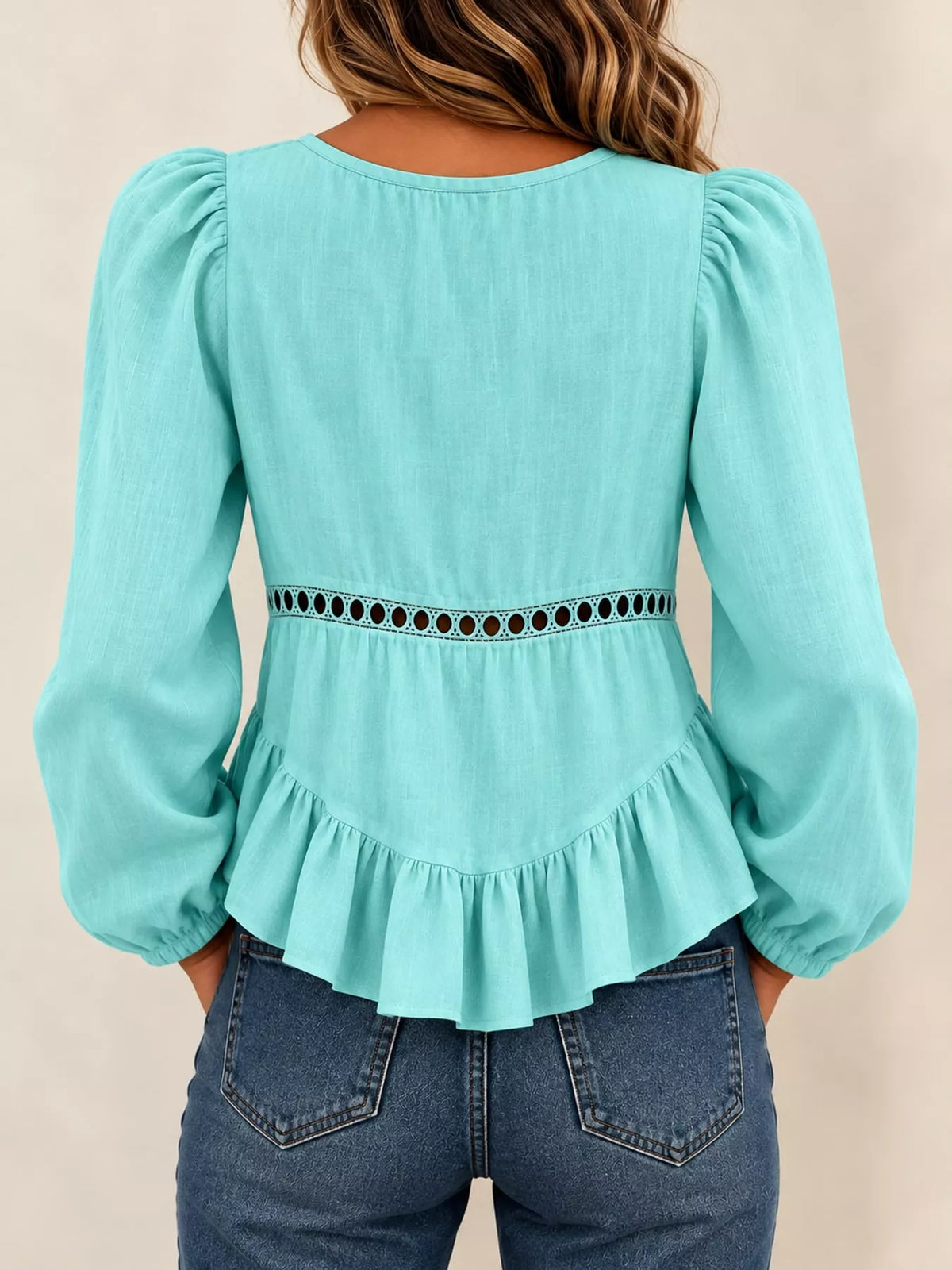 Long Sleeve Blouse with Eyelet Lace Trim and Ruffled Hem