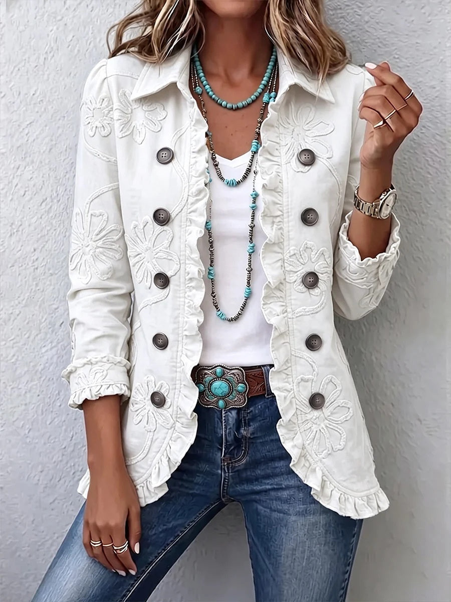 Floral Embroidered Ruffle Trim Double-Breasted Boho Jacket