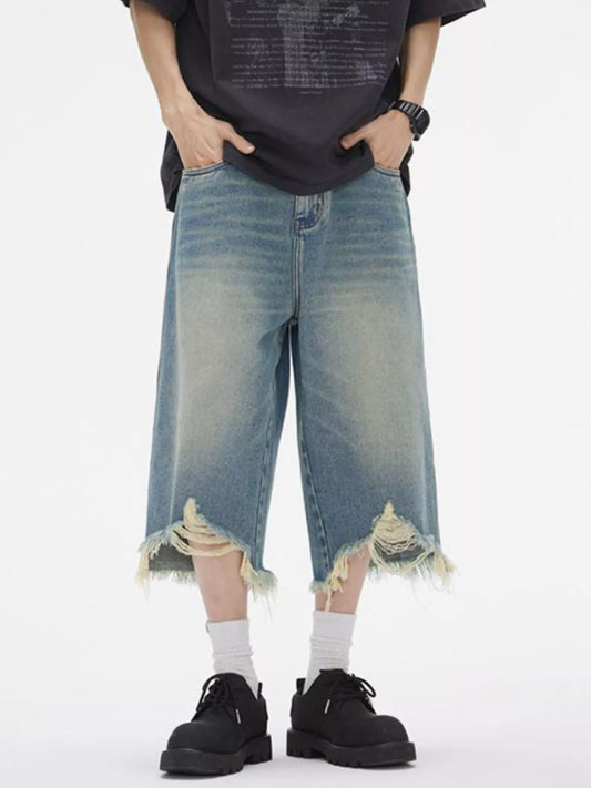 Men's Distressed Wide Leg Denim Shorts