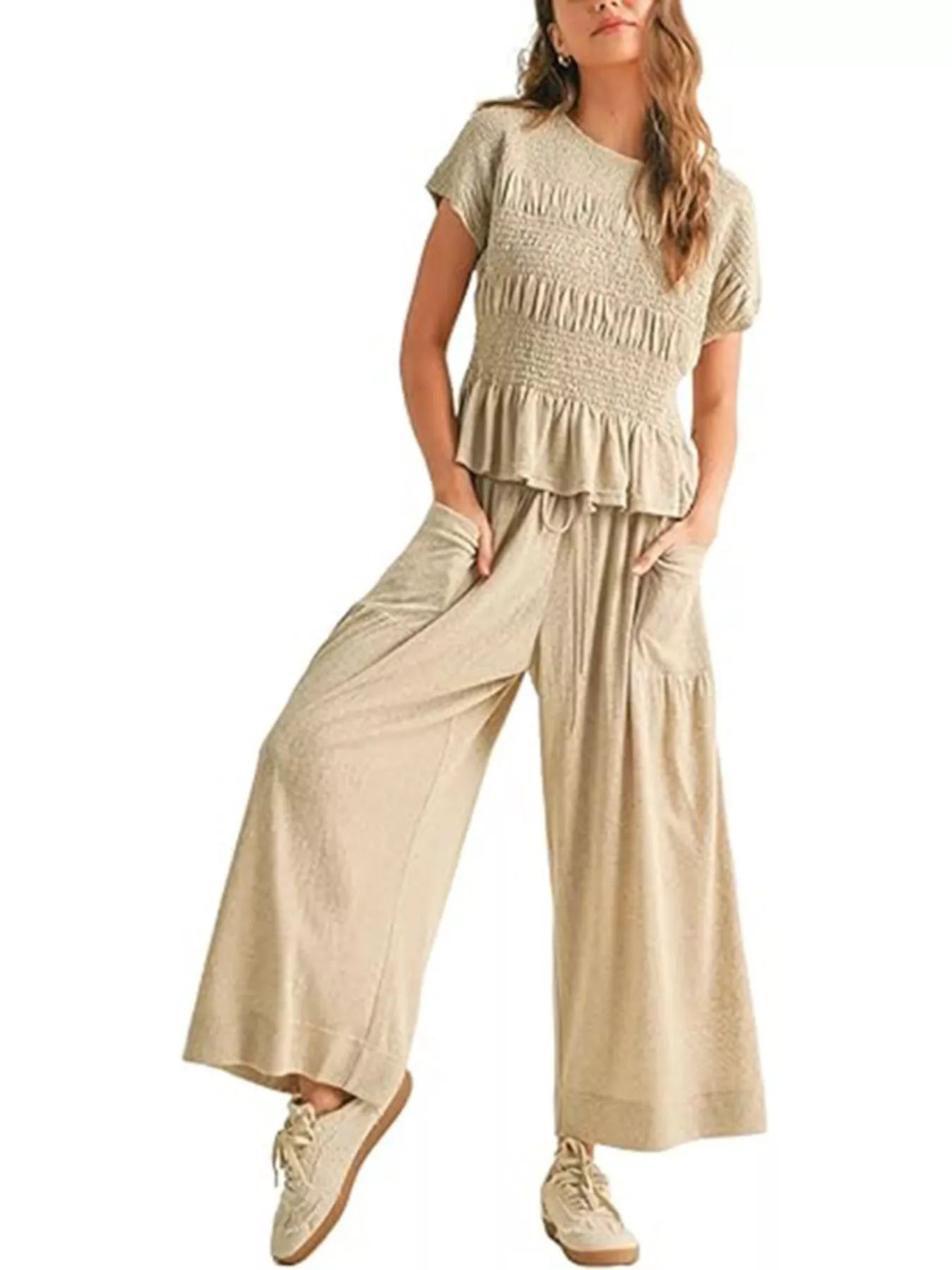 Smocked Peplum Top and Wide-Leg Pants Set