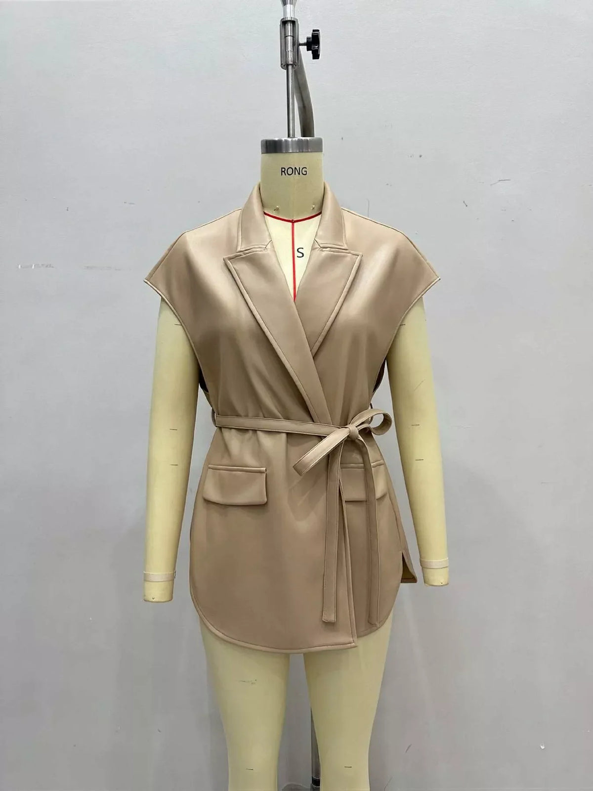 Sleek Faux Leather Belted Vest Coat